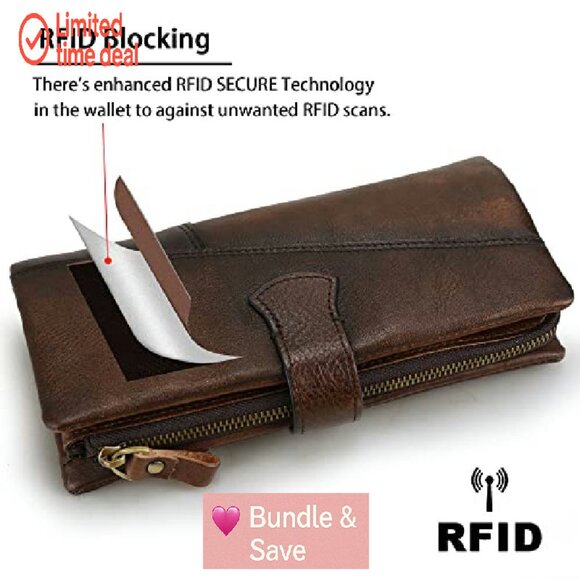 RFID Blocking Genuine Leather Wallet with 18 Card Slots & Zipper Pockets - Picture 5 of 8